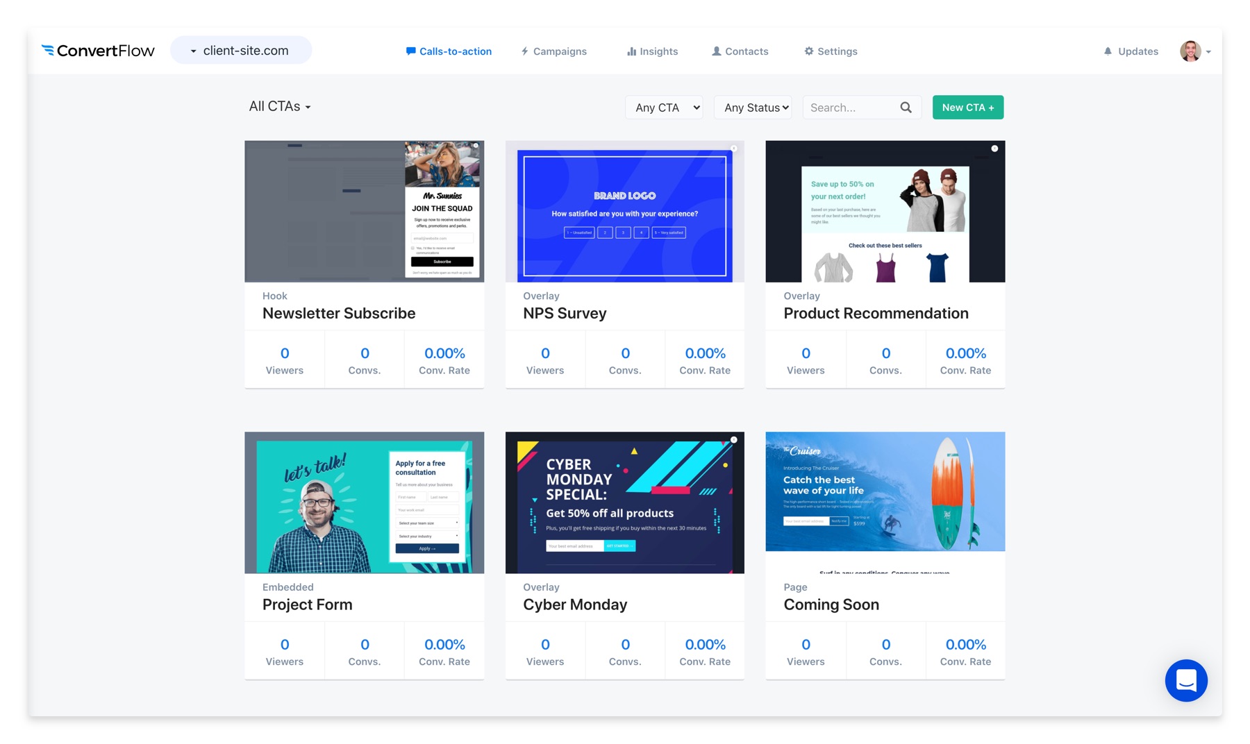 ConvertFlow dashboard showing various calls-to-action