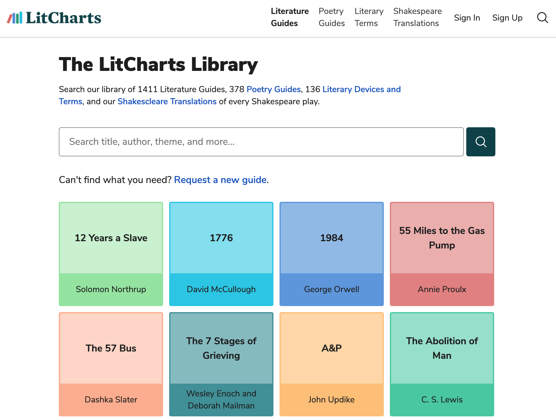 A screenshot of the LitCharts homepage
